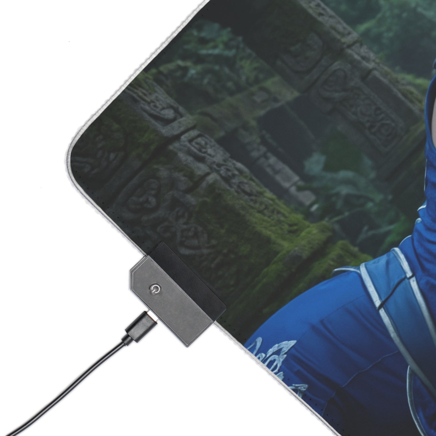 Kitana and Jade Desk Mat – LED RGB Pad, Waifu Fighter Setup close-up of LED connector and blue heroine detail on precision cloth gaming desk mat
