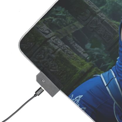 Kitana and Jade Desk Mat – LED RGB Pad, Waifu Fighter Setup close-up of LED connector and blue heroine detail on precision cloth gaming desk mat
