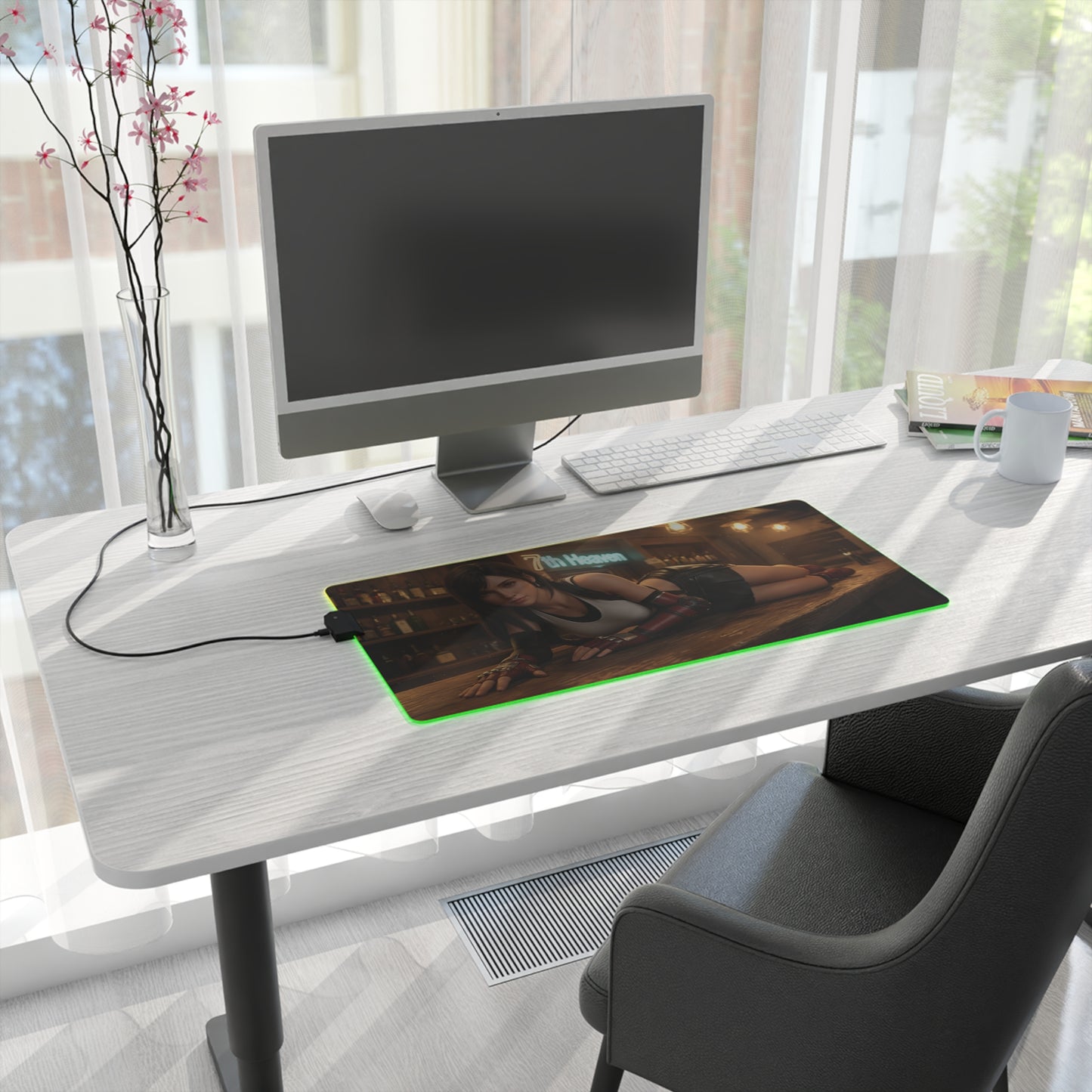 Tifa Lockhart Desk Mat – LED RGB Pad, Waifu Fighter Anime Girl Setup on clean white desk with gaming PC monitor and green LED glow