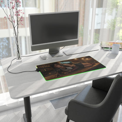 Tifa Lockhart Desk Mat – LED RGB Pad, Waifu Fighter Anime Girl Setup on clean white desk with gaming PC monitor and green LED glow