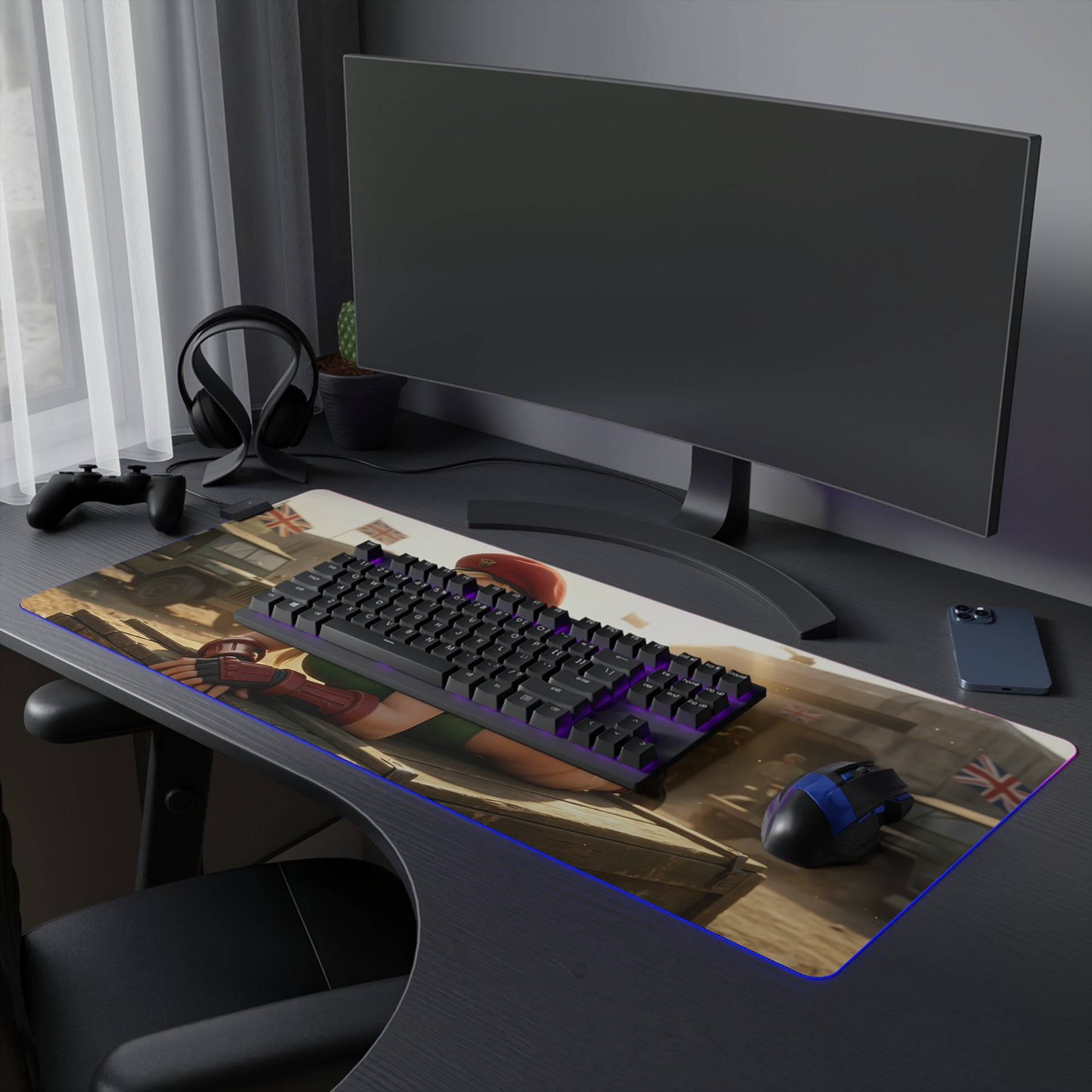 Cammy White Desk Mat – LED RGB Pad, Waifu Fighter Anime Girl Setup on gaming desk with keyboard and mouse