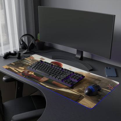 Cammy White Desk Mat – LED RGB Pad, Waifu Fighter Anime Girl Setup on gaming desk with keyboard and mouse