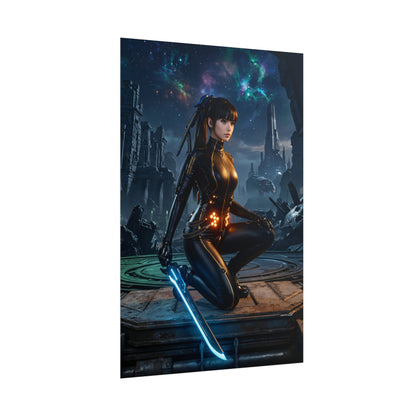 EVE Poster, Stellar Blade Print, Iconic Sci-Fi Warrior Art – kneeling sci-fi warrior in black suit holding glowing blade against futuristic cityscape