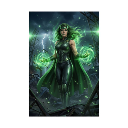 Polaris Poster, Marvel Art Print – Iconic Mutant Heroine Wall Art showing Polaris in green suit controlling magnetic energy over ruined cityscape
