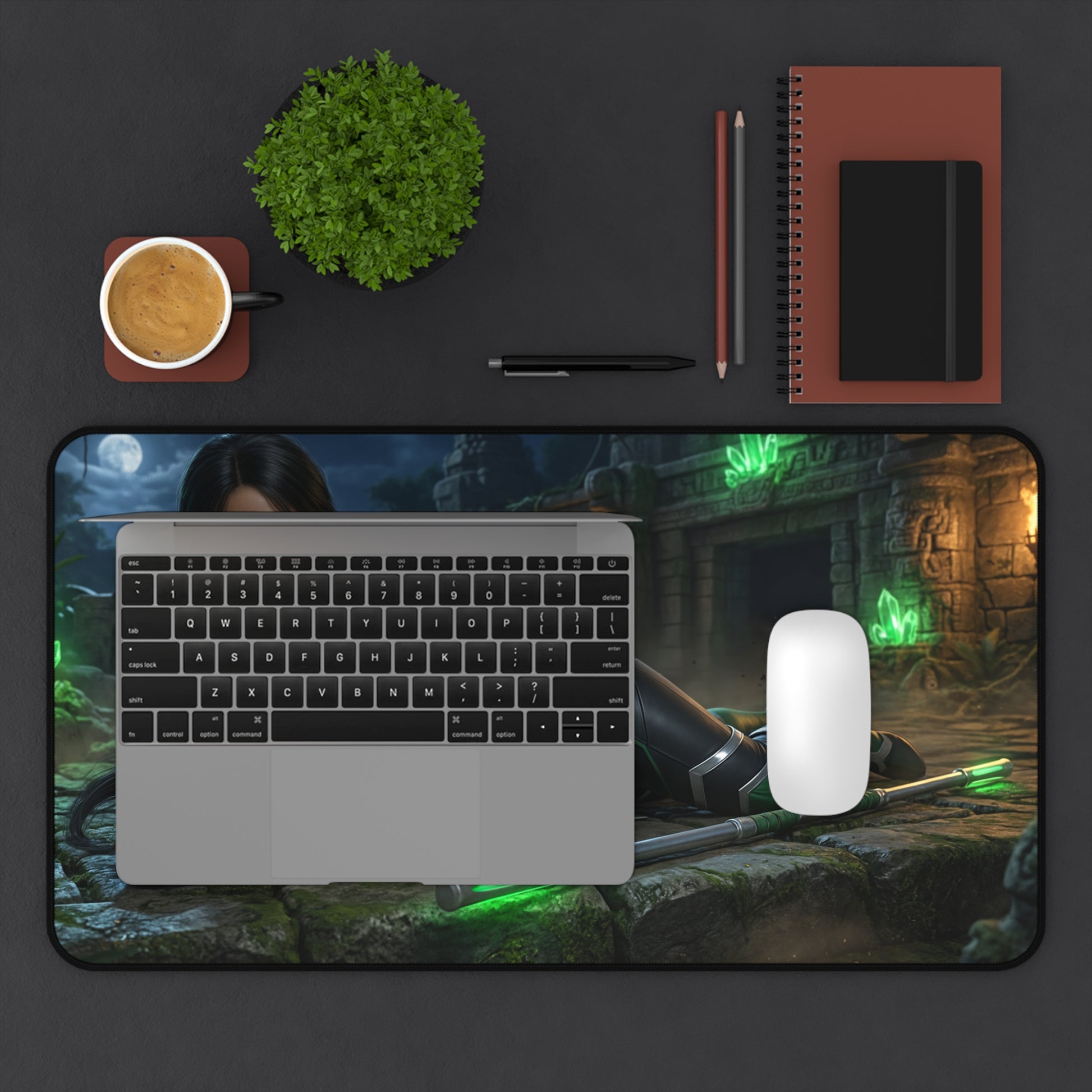 Jade Gaming Mouse Pad, Mortal Kombat Desk Mat, Edenian Warrior Gaming Setup — premium desk mat with Jade artwork, laptop and mouse on themed gaming surface