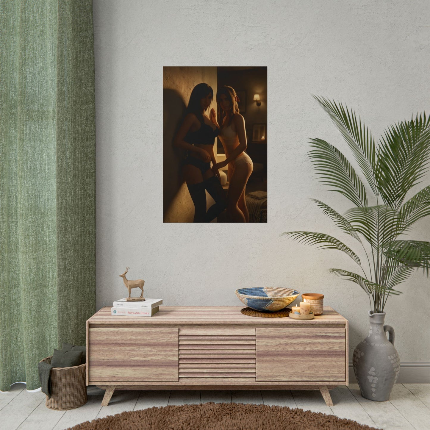 Tifa Aerith Poster, Final Fantasy VII Art Print – Gamer Room Wall Decor hung in cozy gamer room with moody lighting
