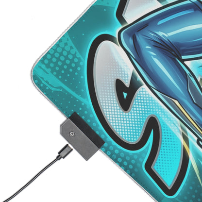Samus Aran RGB Desk Mat, Sci-Fi Action Gaming Mouse Pad, LED Desk Mat for Gamer Setup showing blue armor artwork, RGB LED controller and corner detail