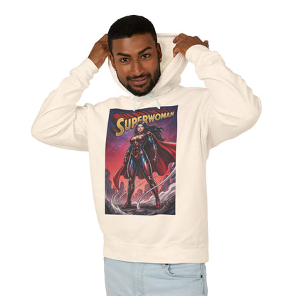 Superwoman Hoodie | DC Superhero Hoodie | Power Unleashed Pullover with bold comic-style Superwoman graphic on cream pullover worn by smiling model