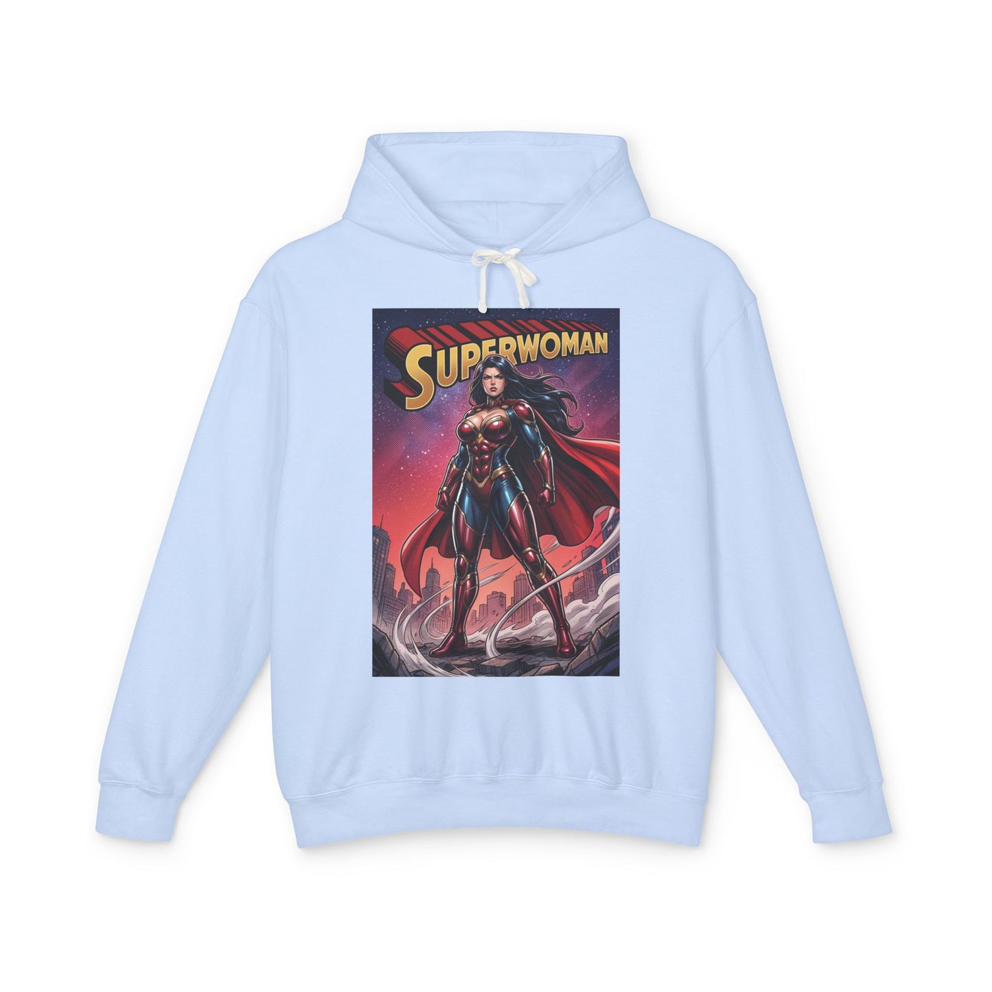 Superwoman Hoodie | DC Superhero Hoodie | Power Unleashed Pullover showing light blue pullover with bold Superwoman comic-art front print