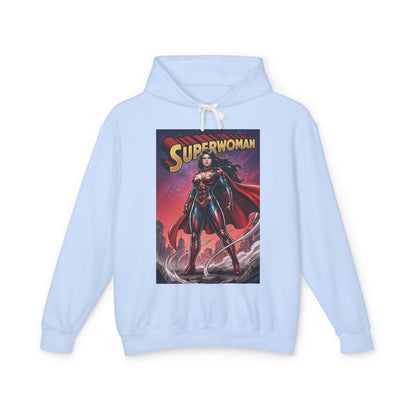 Superwoman Hoodie | DC Superhero Hoodie | Power Unleashed Pullover showing light blue pullover with bold Superwoman comic-art front print