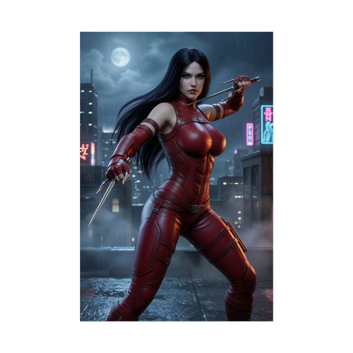 Elektra Poster, Marvel Wall Art Print  Comic Heroine Decor featuring fierce Elektra in red suit on a rainy rooftop with sais