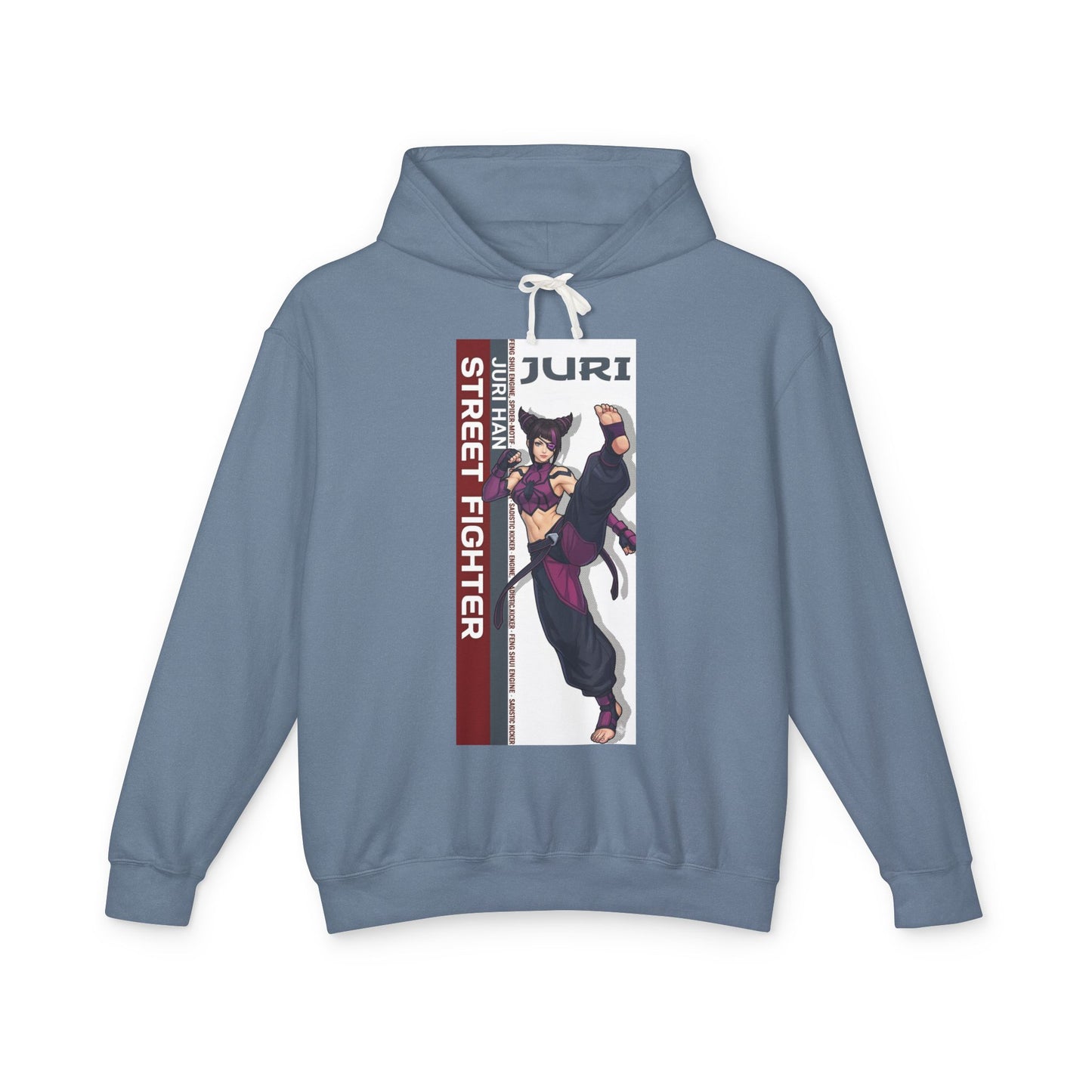 Juri Hoodie | Street Fighter Hoodie | Anime Fighter Girl Pullover - blue pullover with bold Juri anime illustration and vertical Street Fighter panel
