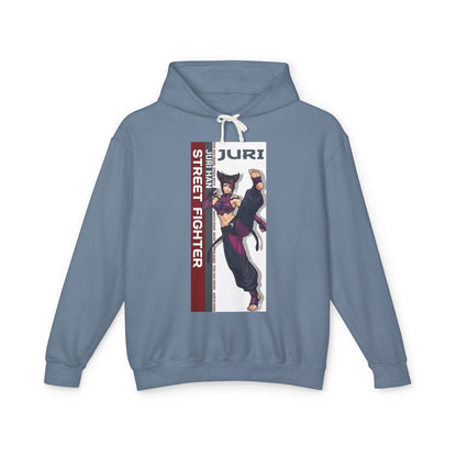 Juri Hoodie | Street Fighter Hoodie | Anime Fighter Girl Pullover - blue pullover with bold Juri anime illustration and vertical Street Fighter panel