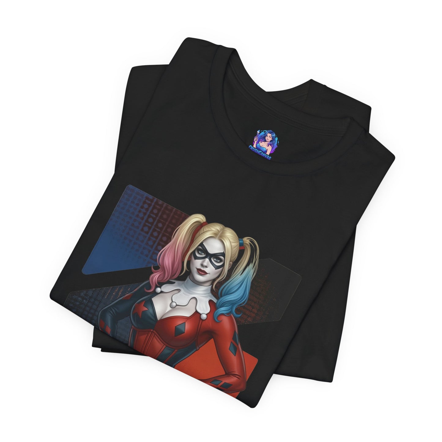 Harley Quinn T-Shirt | DC Comics Anime Tee for Gamers & Comic Fans folded black tee with anime-style Harley Quinn print