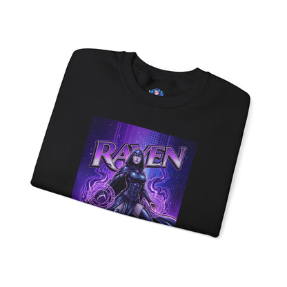 Raven Sweatshirt, DC Comics Art Print Style, Premium Mystic Apparel - folded black crewneck with purple anime-inspired Raven art