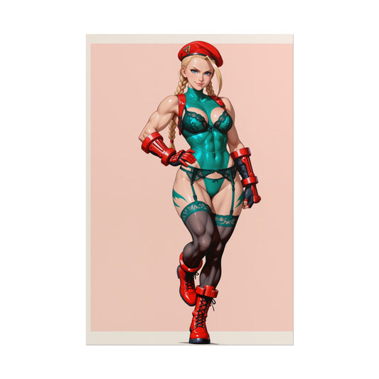 Cammy White Poster, Street Fighter Anime Girl Art Print, Gamer Room Wall Decor - cinematic waifu-style print of Cammy in green outfit and red beret
