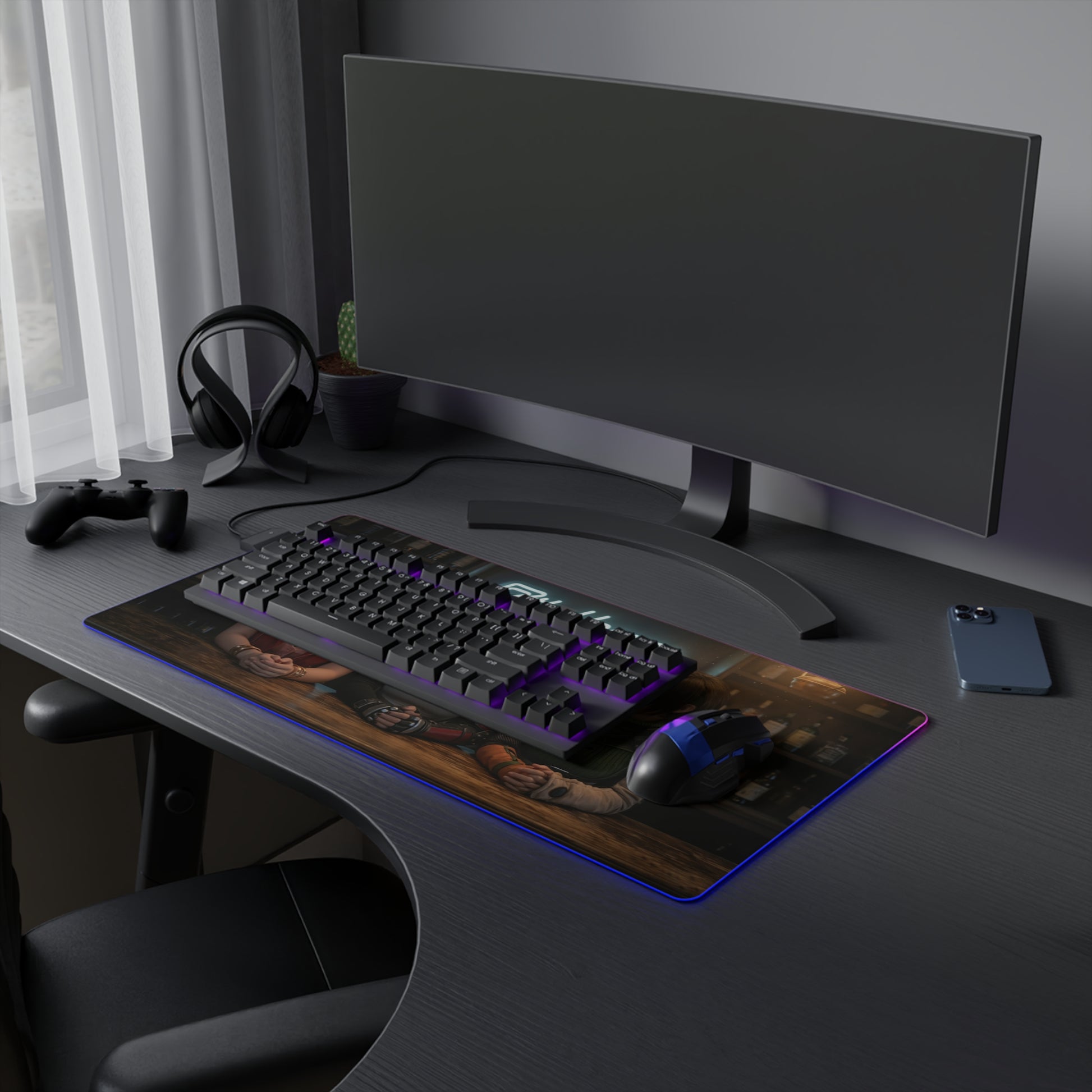 Tifa Lockhart, Aerith Gainsborough & Yuffie Kisaragi Desk Mat – LED RGB Pad shown on gaming desk with keyboard, mouse, LED glow