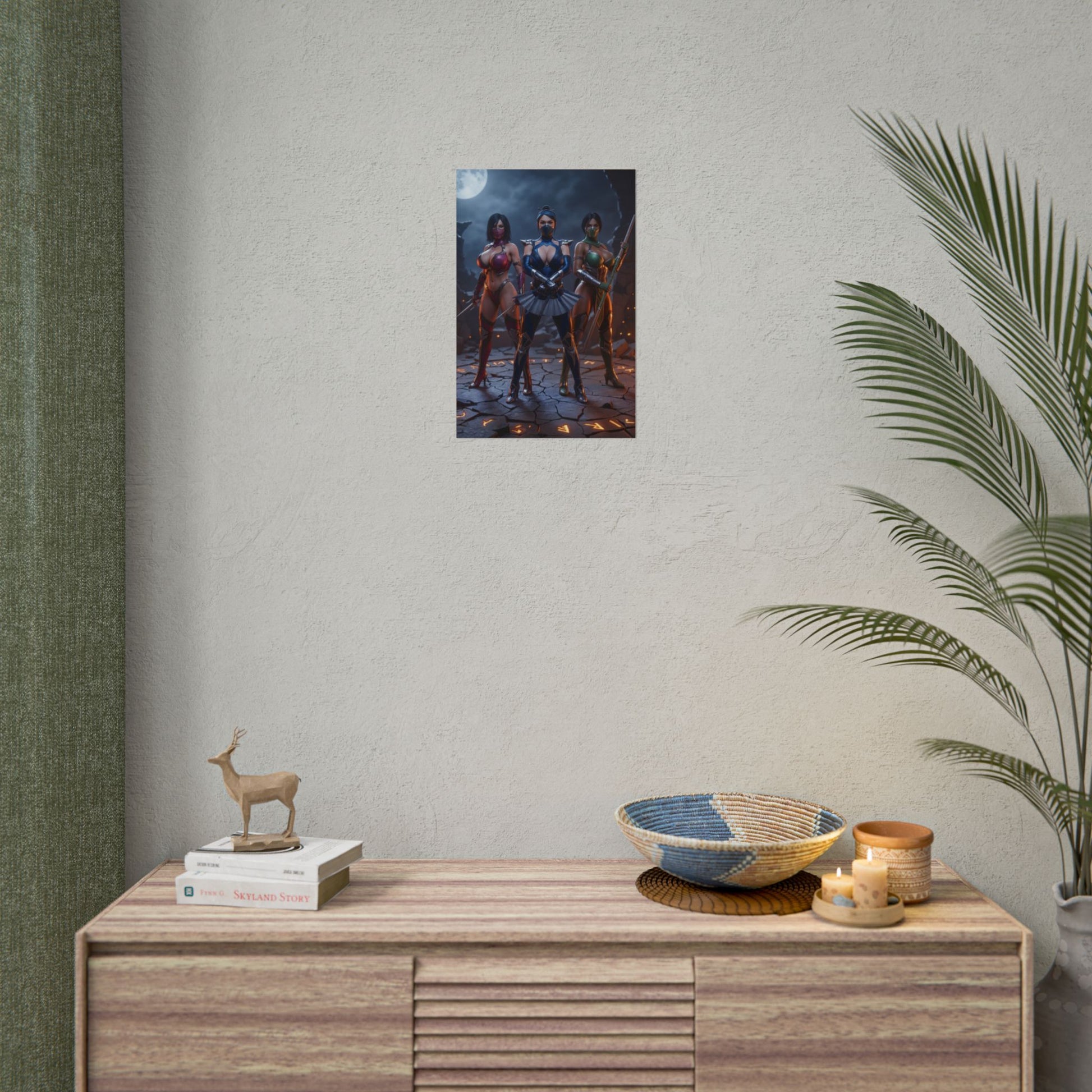 Kitana Mileena Jade Poster, Mortal Kombat Art Print – Iconic Trio hanging in a gamer room above a console table