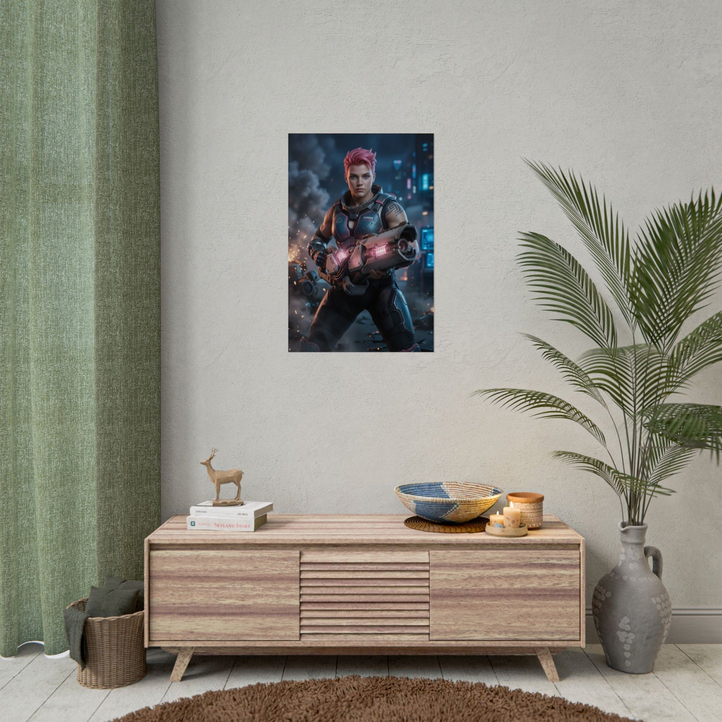Zarya Poster Overwatch Wall Art Print Gaming Room Decor - dynamic sci-fi battle portrait of armored soldier with glowing weapon effects