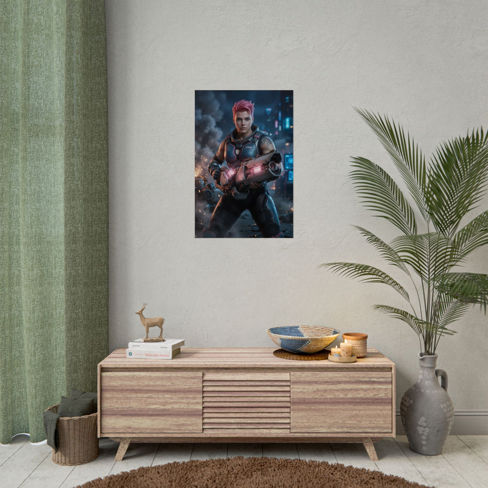 Zarya Poster Overwatch Wall Art Print Gaming Room Decor - dynamic sci-fi battle portrait of armored soldier with glowing weapon effects