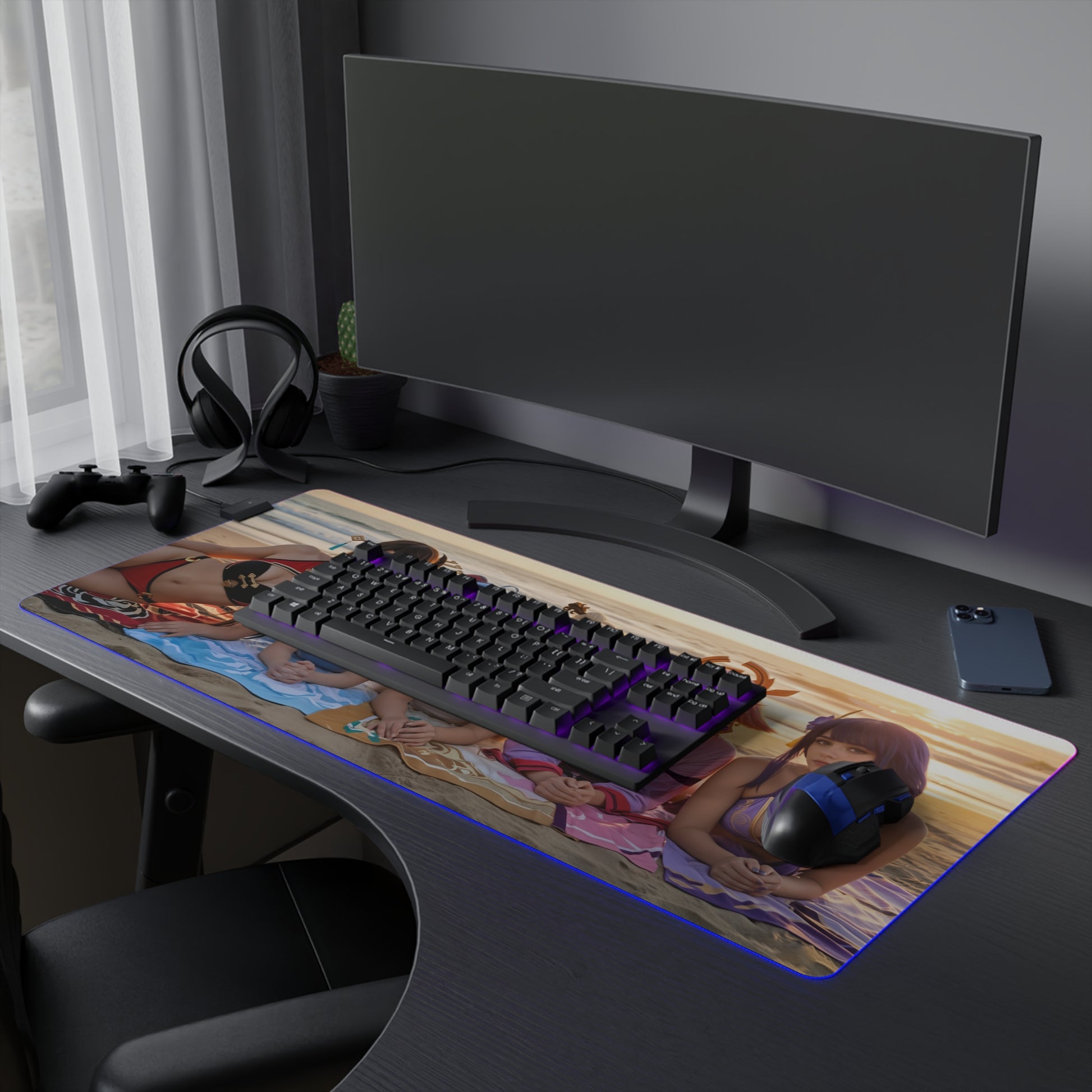 Genshin Impact Girls Desk Mat – LED RGB Pad, Waifu Anime Girl Setup on gaming desk with RGB lighting and anime heroine artwork