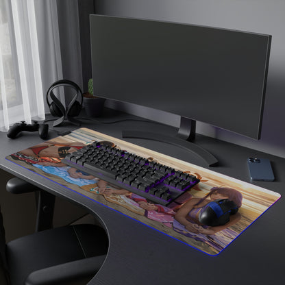 Genshin Impact Girls Desk Mat – LED RGB Pad, Waifu Anime Girl Setup on gaming desk with RGB lighting and anime heroine artwork