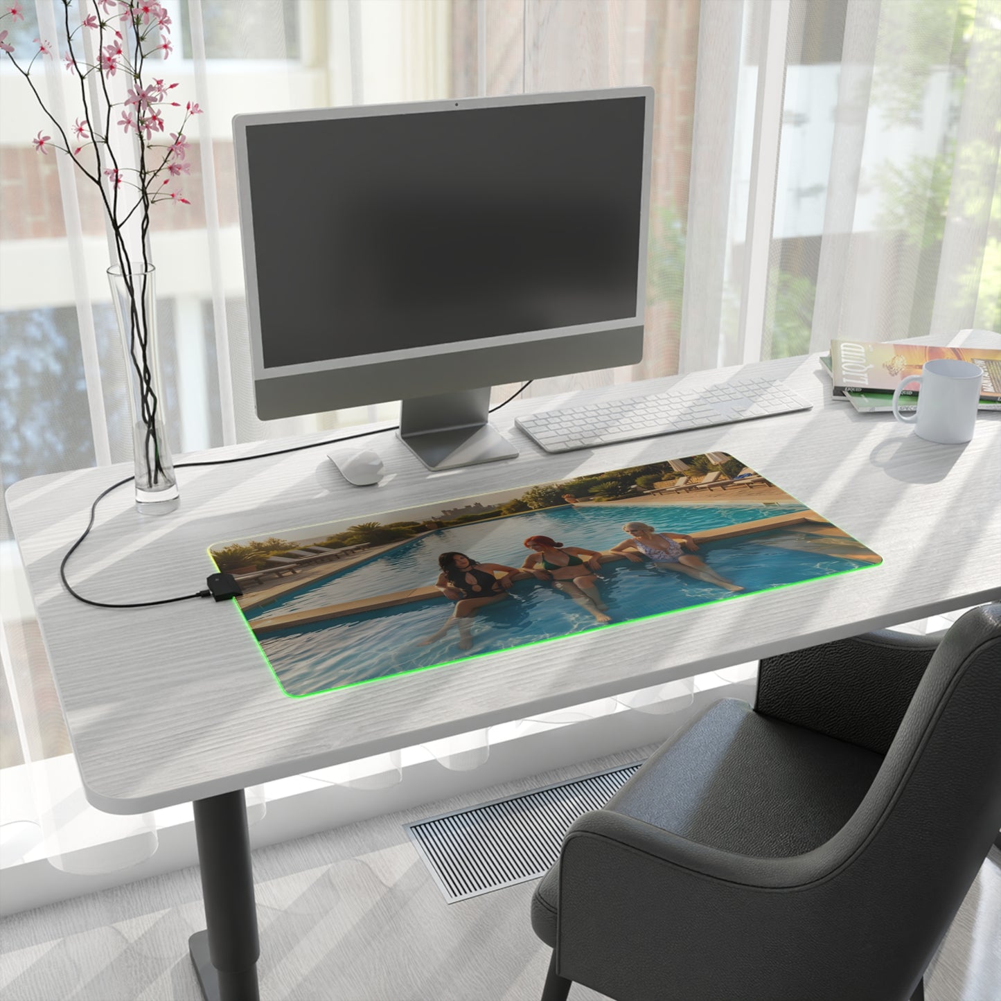 Ciri, Triss Merigold & Yennefer Desk Mat – LED RGB Pad on modern desk with trio artwork and glowing RGB edge
