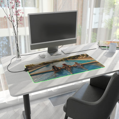Ciri, Triss Merigold & Yennefer Desk Mat – LED RGB Pad on modern desk with trio artwork and glowing RGB edge