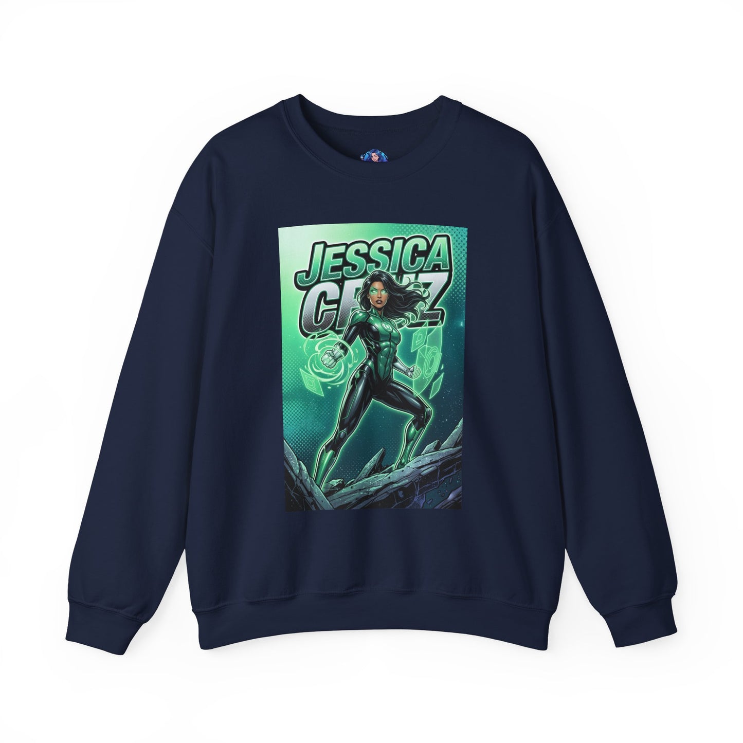 Jessica Cruz Sweatshirt, DC Comics Crewneck, Green Lantern Fan Apparel featuring Jessica Cruz graphic with glowing green energy constructs on navy crewneck