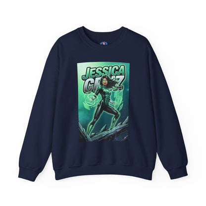 Jessica Cruz Sweatshirt, DC Comics Crewneck, Green Lantern Fan Apparel featuring Jessica Cruz graphic with glowing green energy constructs on navy crewneck