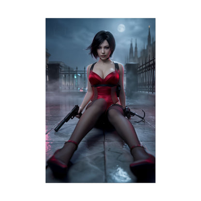 Ada Wong Poster / Ada Wong Wall Art / Ada Wong Art Print / Resident Evil Poster - cinematic night scene of Ada Wong in red outfit with guns, wet city streets, moonlit gothic backdrop