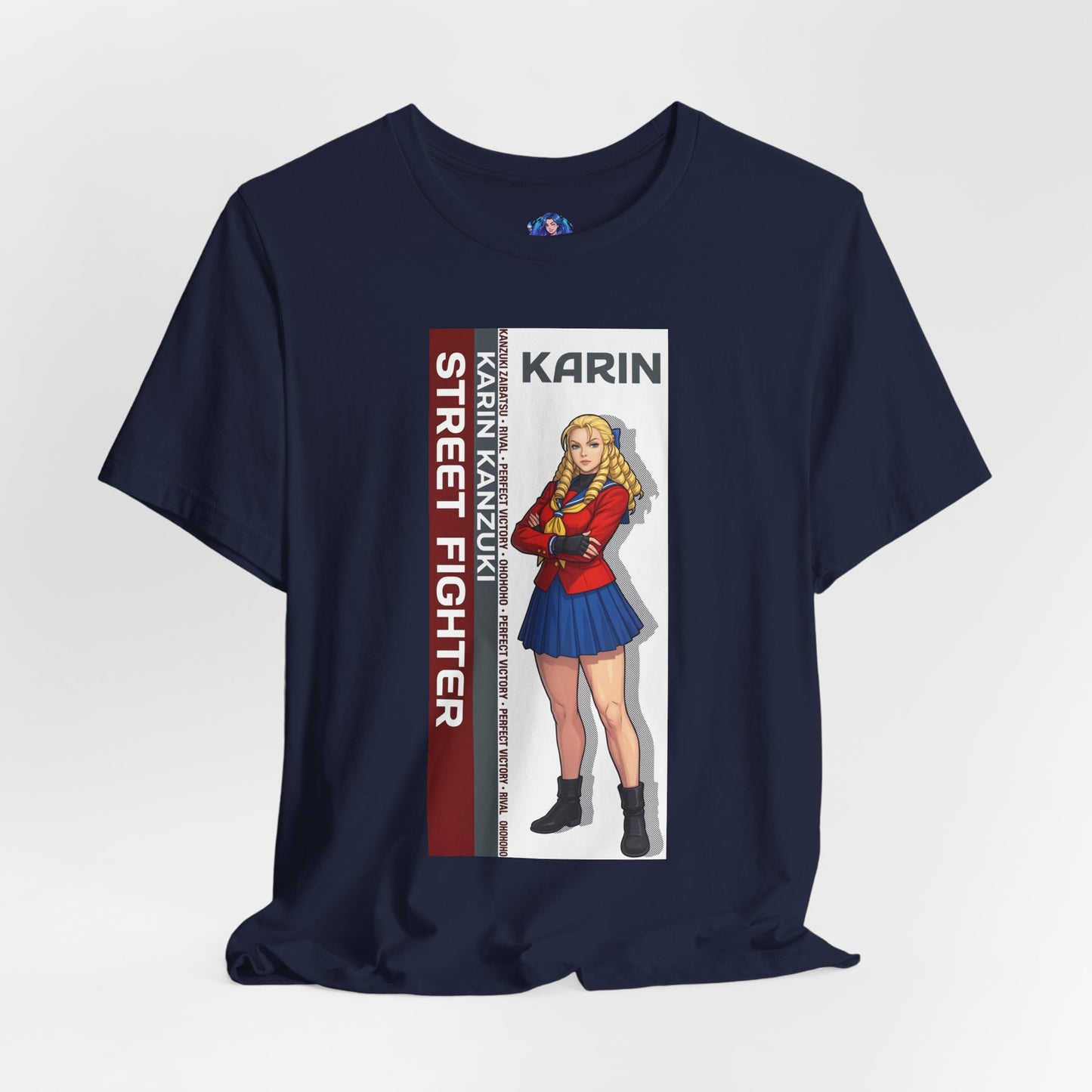 Karin Kanzuki T-Shirt | Street Fighter Anime Tee for Gamers & Fighting Game Fans - navy Bella Canvas tee with Karin illustration