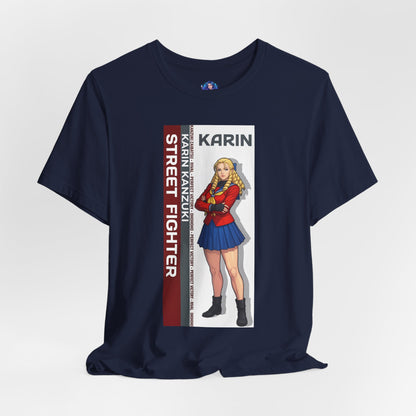 Karin Kanzuki T-Shirt | Street Fighter Anime Tee for Gamers & Fighting Game Fans - navy Bella Canvas tee with Karin illustration