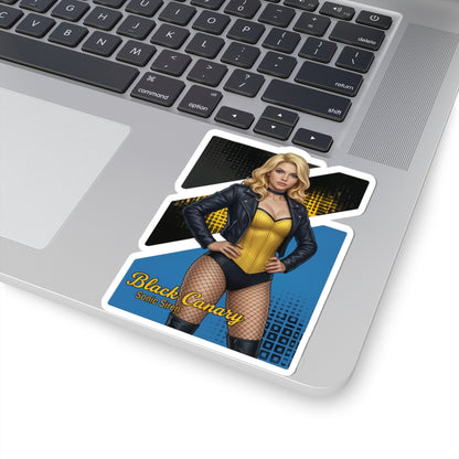 Black Canary Sticker – Comic Heroine Vinyl Sticker for Laptops & Indoor Decor showing glossy die-cut vinyl sticker of Black Canary on a laptop