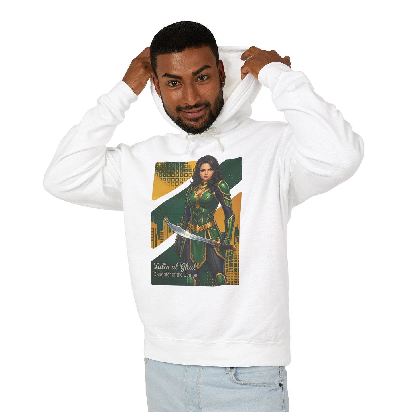 Talia al Ghul Hoodie | DC Comics Hoodie | Anime Assassin Warrior Pullover on model wearing white pullover with Talia graphic
