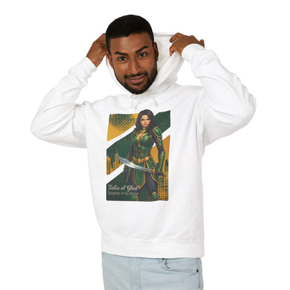 Talia al Ghul Hoodie | DC Comics Hoodie | Anime Assassin Warrior Pullover on model wearing white pullover with Talia graphic