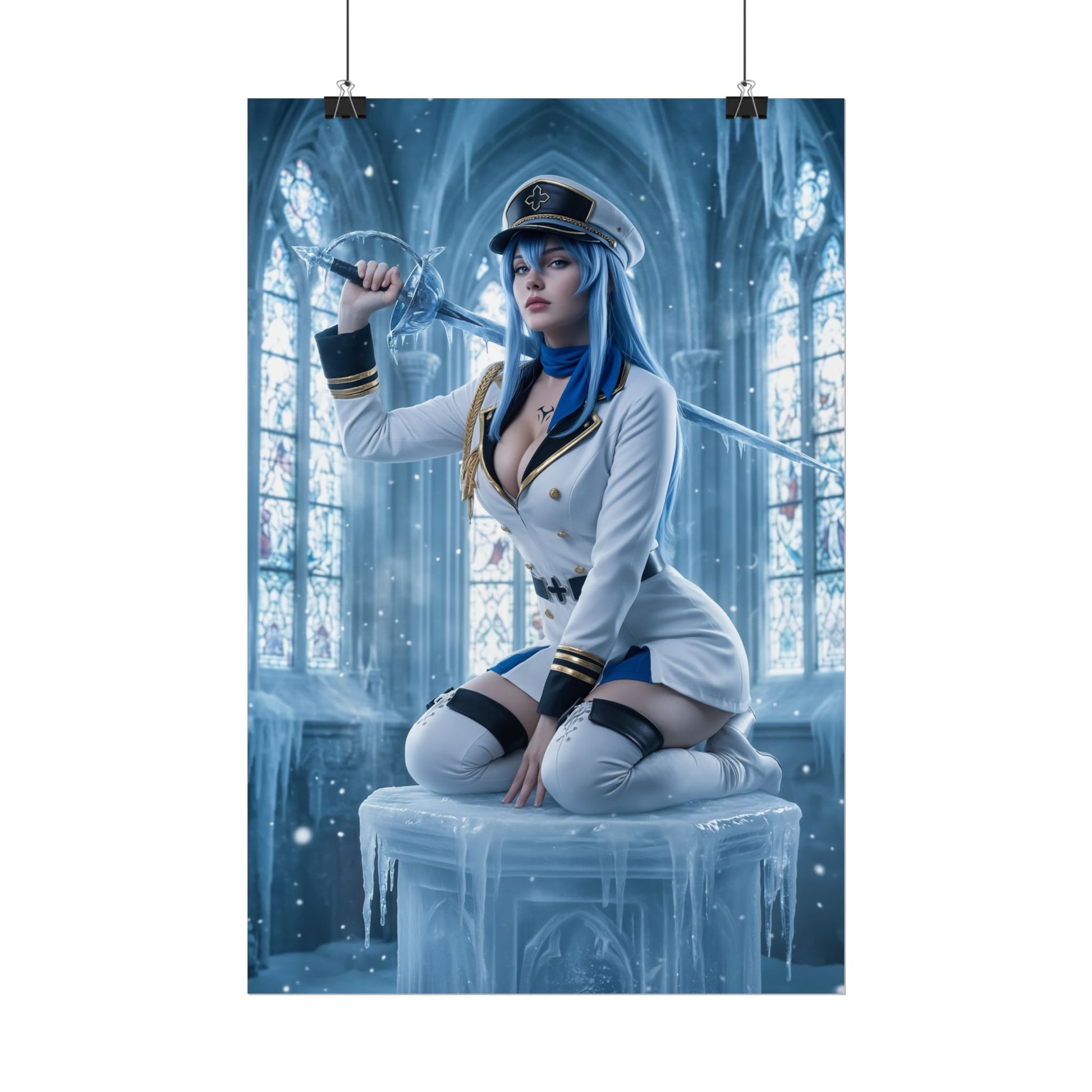 Esdeath Poster, Akame ga Kill Art Print, Iconic Ice General Wall Decor – detailed anime art of Esdeath in captain uniform with sword in icy cathedral