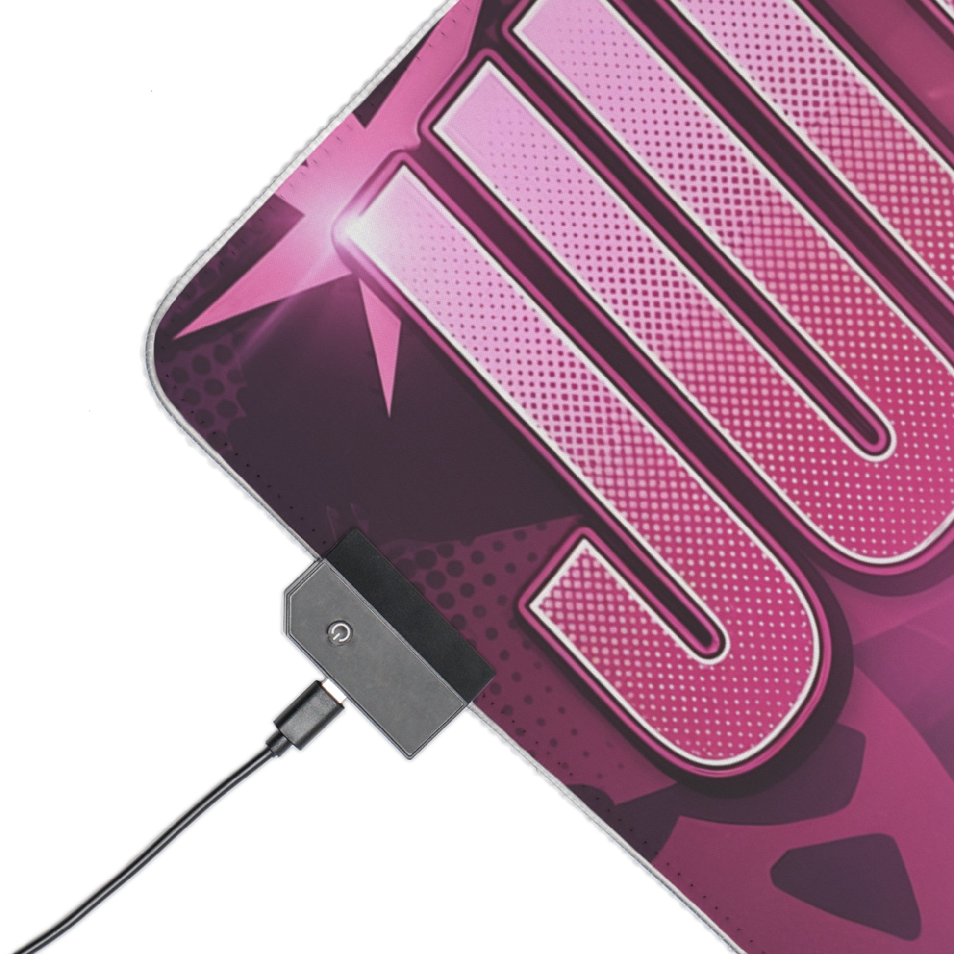 Juliet Starling RGB Desk Mat, Action Game Mouse Pad, LED Desk Mat for Gamer Desk Setup showing pink corner, USB LED controller and textured cloth surface