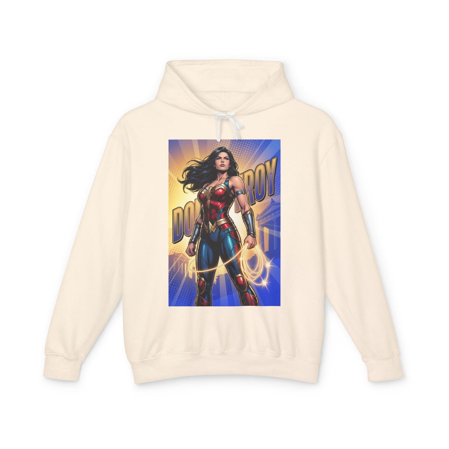 Donna Troy Hoodie | DC Superhero Hoodie | Amazon Legacy Pullover - cream cotton pullover featuring bold Donna Troy warrior graphic and lasso