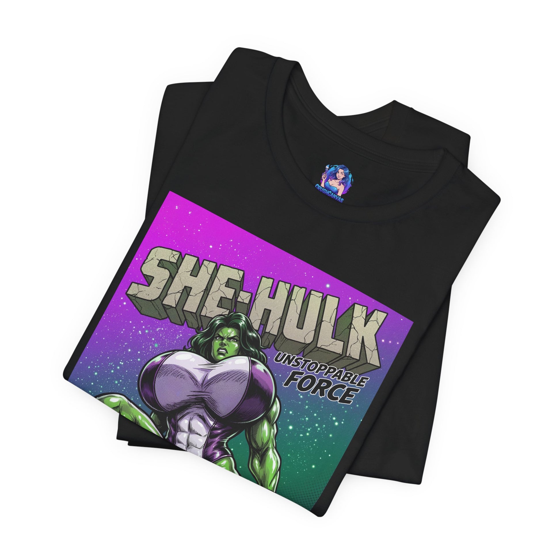 She-Hulk T-Shirt | Marvel Comic Heroine Anime Tee black Bella Canvas 3001 with comic-style She-Hulk 'Unstoppable Force' graphic