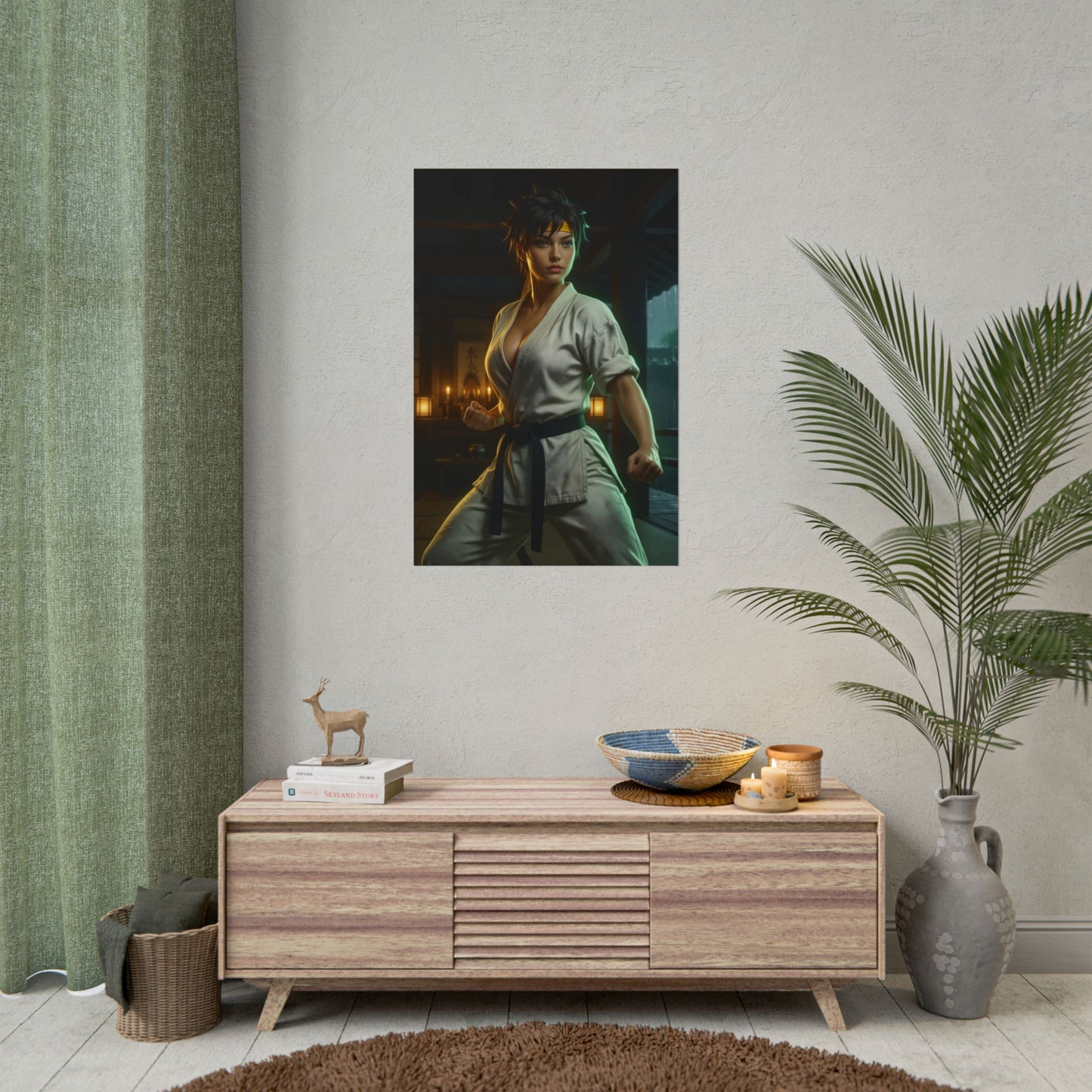 Makoto Street Fighter Poster – Iconic Martial Artist Heroine Wall Art showing Makoto in a white gi with black belt, dramatic lighting, premium high-resolution poster