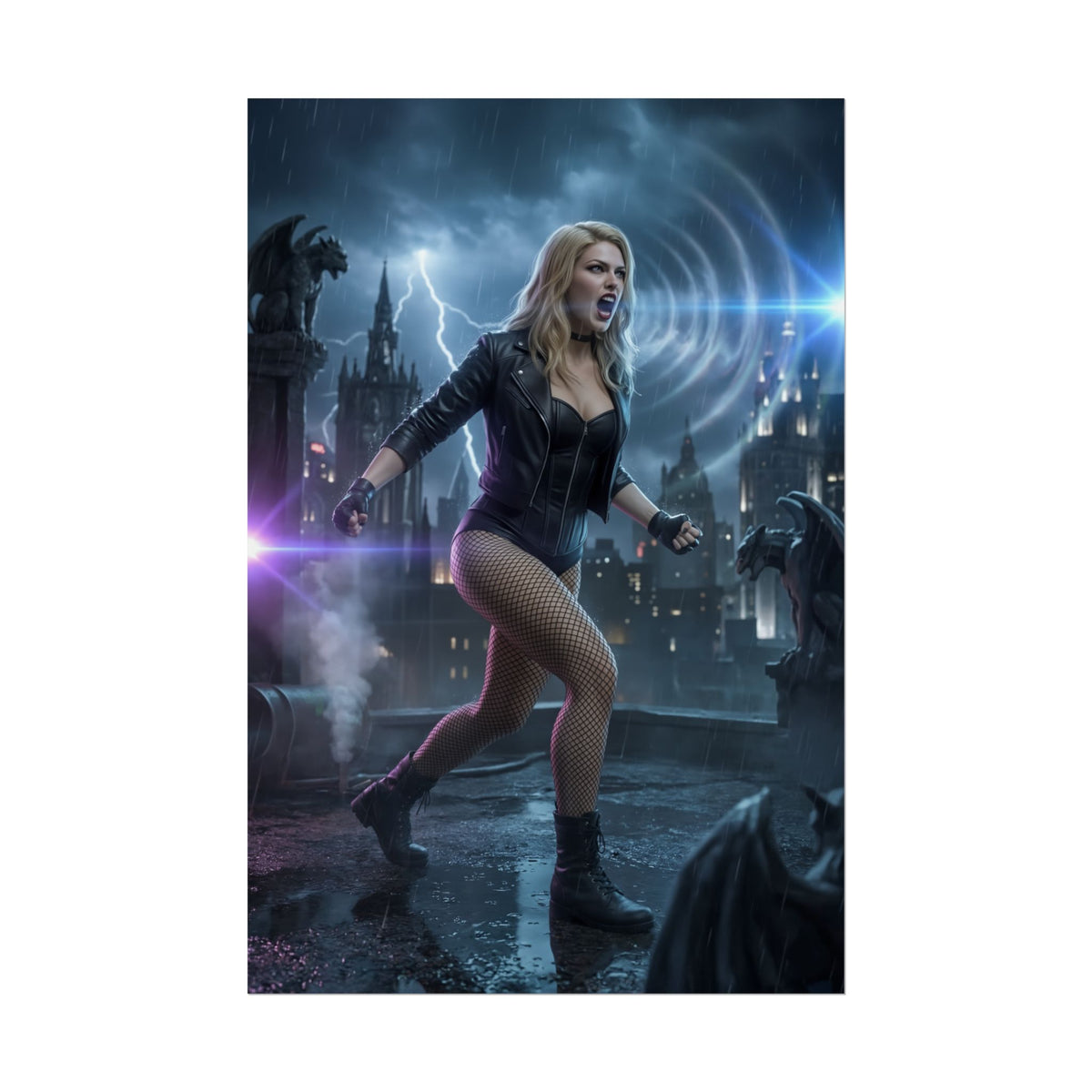 Black Canary DC Poster  Iconic Superheroine Wall Art for Modern Decor featuring dynamic heroine scream on rooftop with city skyline