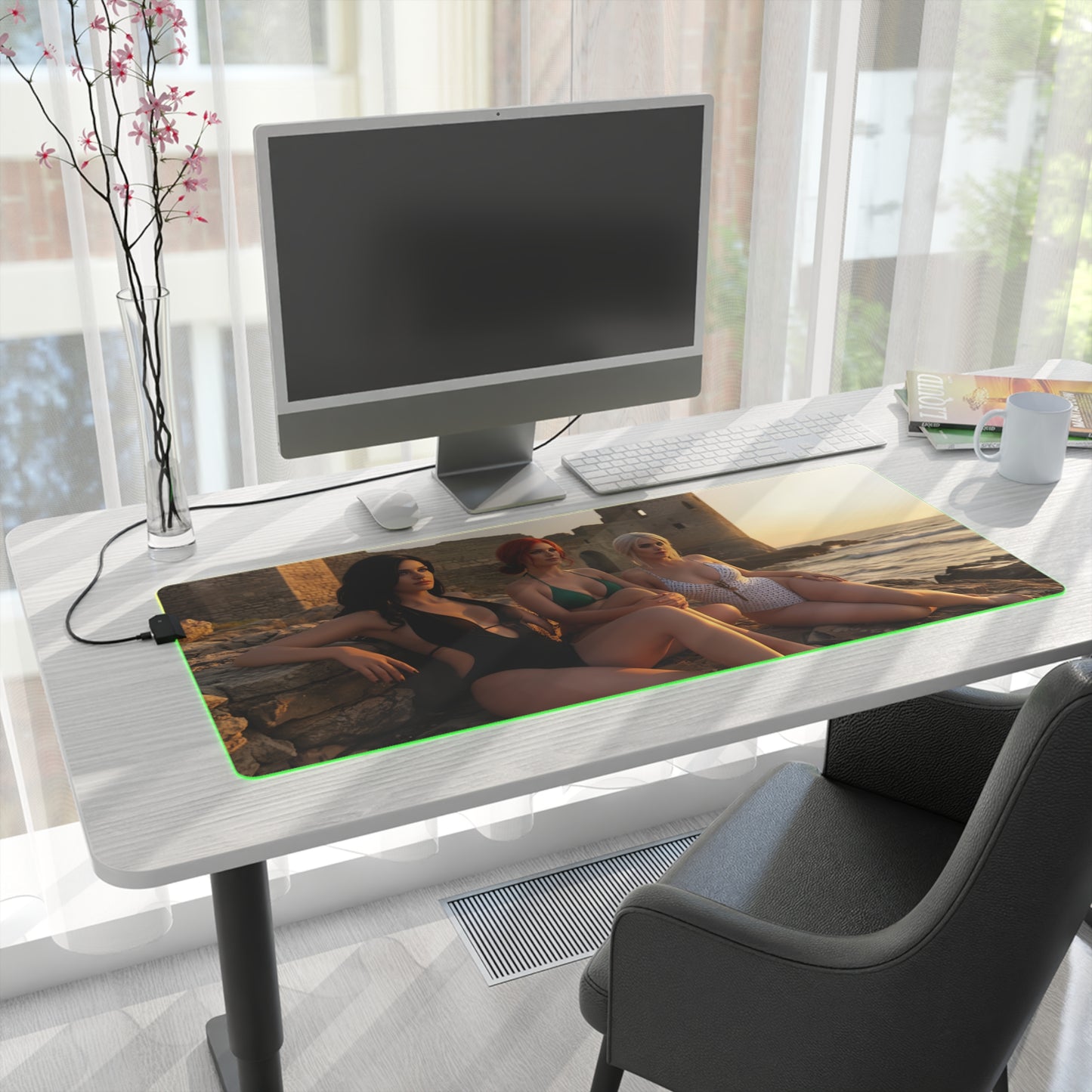 Ciri, Triss Merigold & Yennefer Desk Mat – LED RGB Pad displayed on modern desk with three heroines artwork and glowing RGB edge