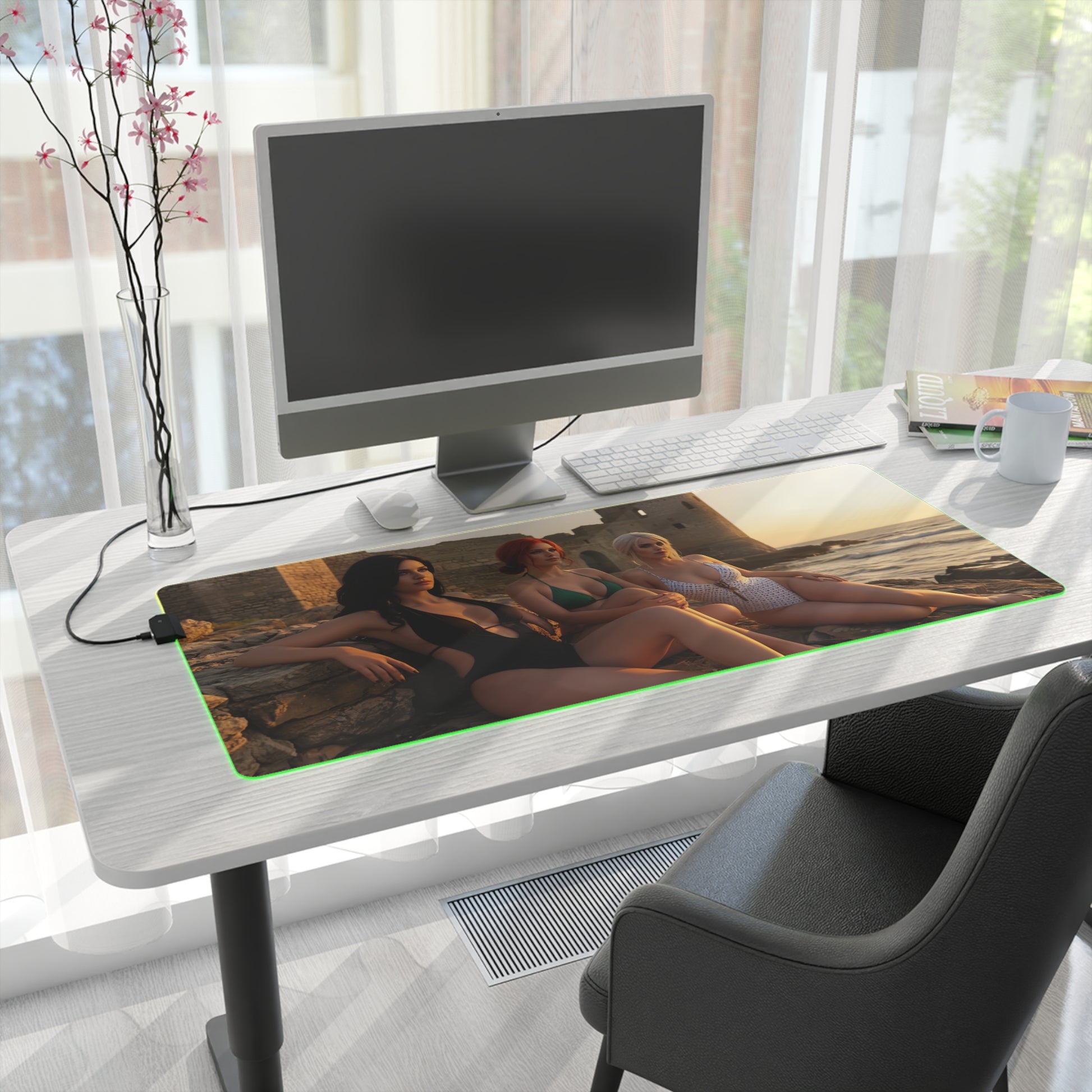 Ciri, Triss Merigold & Yennefer Desk Mat – LED RGB Pad displayed on modern desk with three heroines artwork and glowing RGB edge