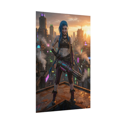 Jinx Poster, League of Legends Art Print, Iconic Chaotic Champion - high-energy Jinx on rooftop with rocket launcher against neon city sunset