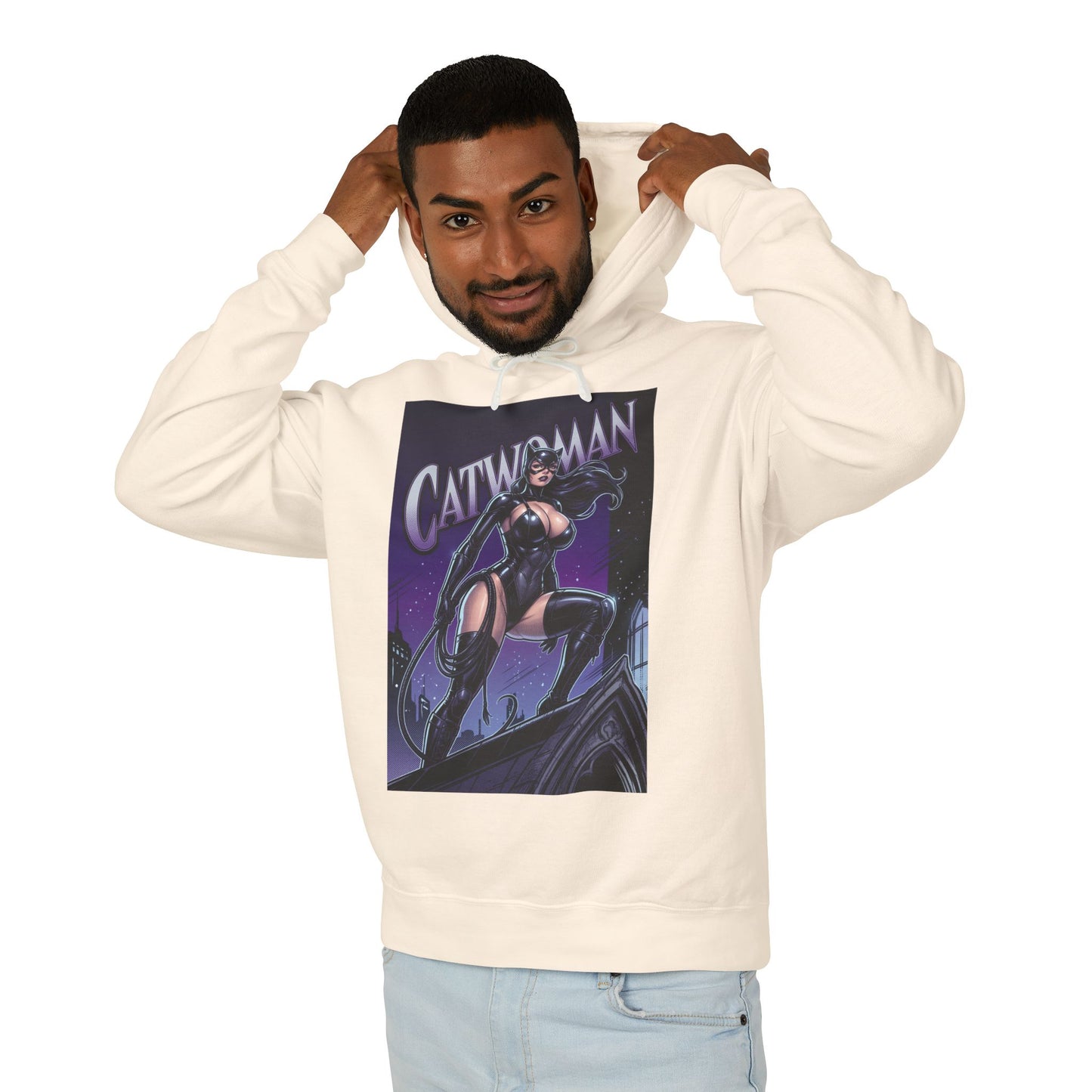 Catwoman Hoodie | DC Anti-Hero Hoodie | Gotham Thief Pullover - cream pullover featuring Catwoman graphic on model, soft breathable cotton streetwear