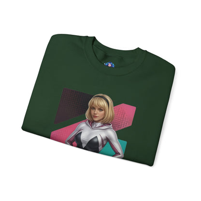 Spider Gwen Sweatshirt, Spider-Verse Crewneck, Stylish Superhero Apparel for Fans - folded dark green crewneck with Spider Gwen portrait and pink geometric background