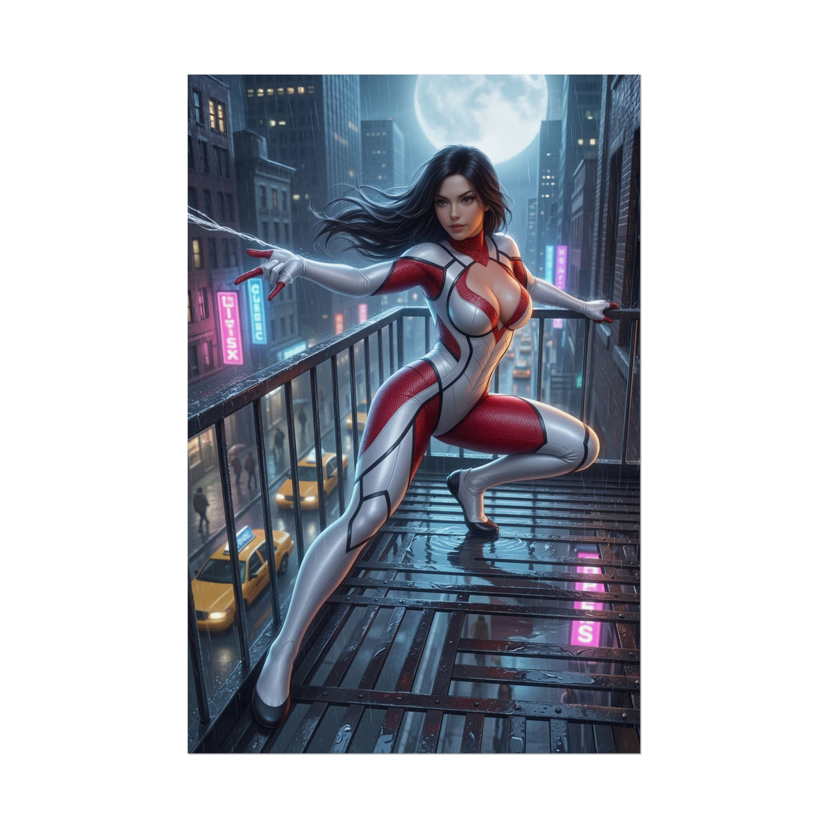 Spider-Woman Poster, Marvel Art Print  Superhero Wall Art featuring Spider-Woman in dynamic city rooftop pose for gamer room decor
