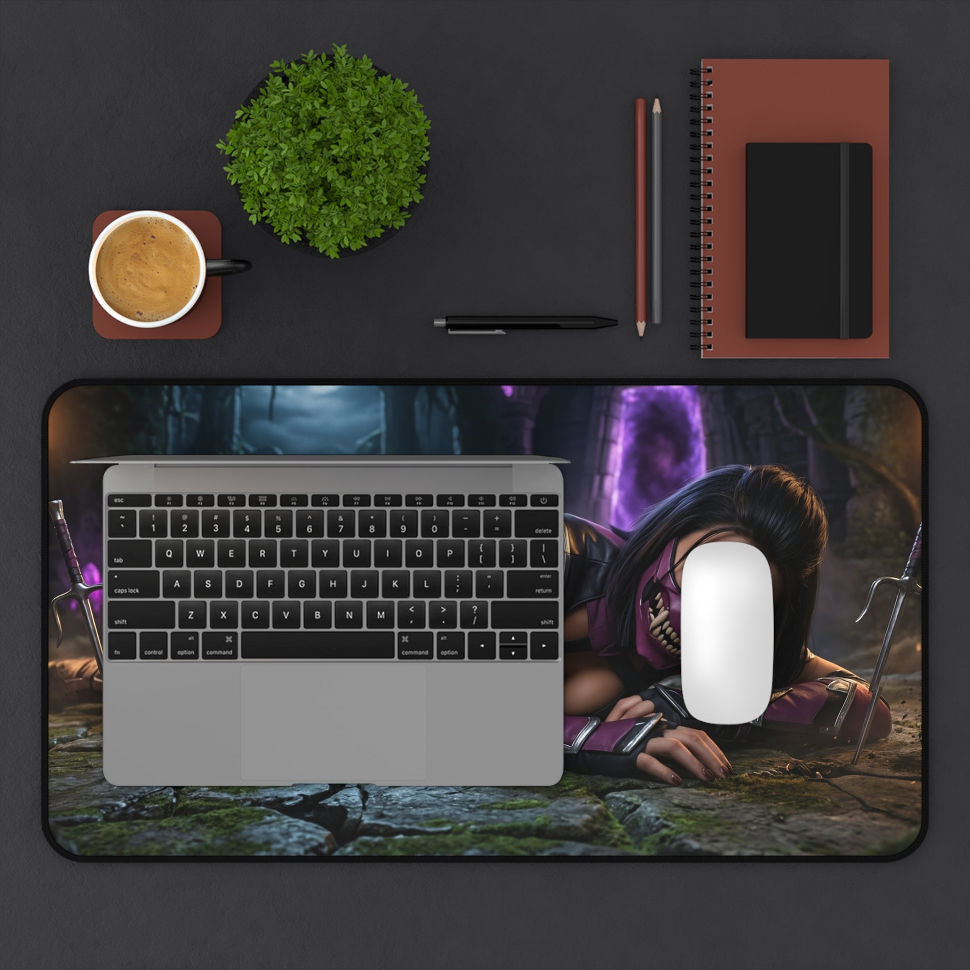 Mileena Gaming Mouse Pad, Mortal Kombat Desk Mat, Fierce Fighter Girl Setup showcasing bold Mileena artwork on a large gaming desk mat