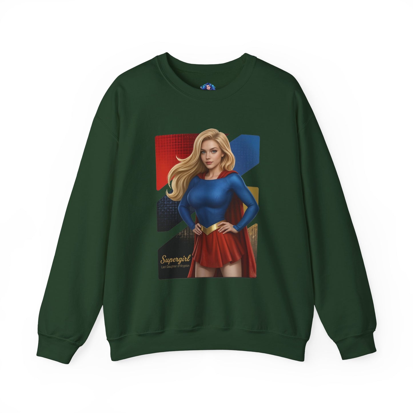 Supergirl Sweatshirt, DC Comics Crewneck, Iconic Superhero Apparel for Fans — green crewneck with illustrated Supergirl in blue top and red skirt